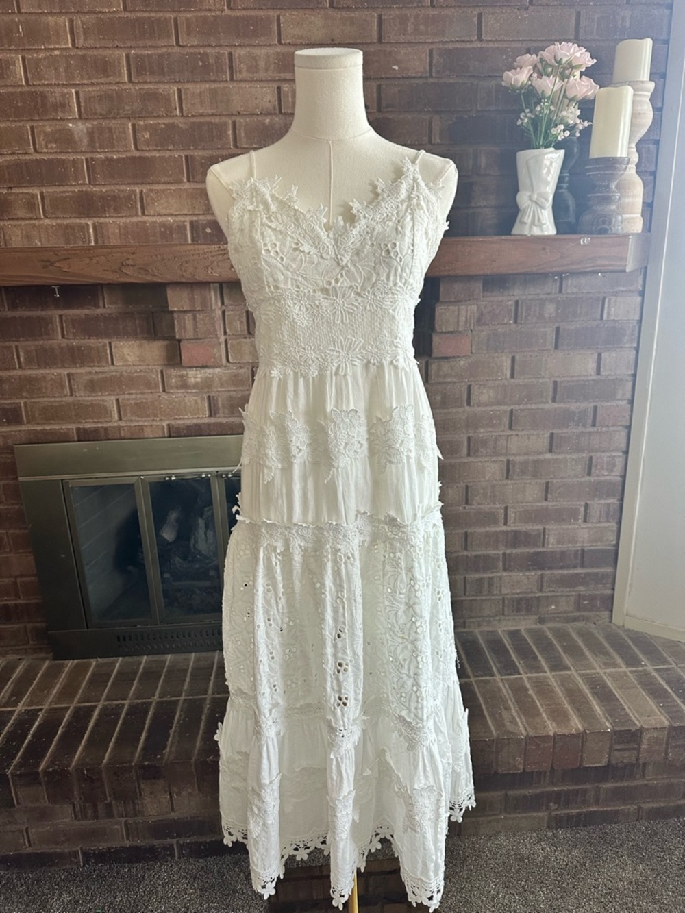 POL White Lace Eyelet Tiered Dress Small - Cottagecore Boho
